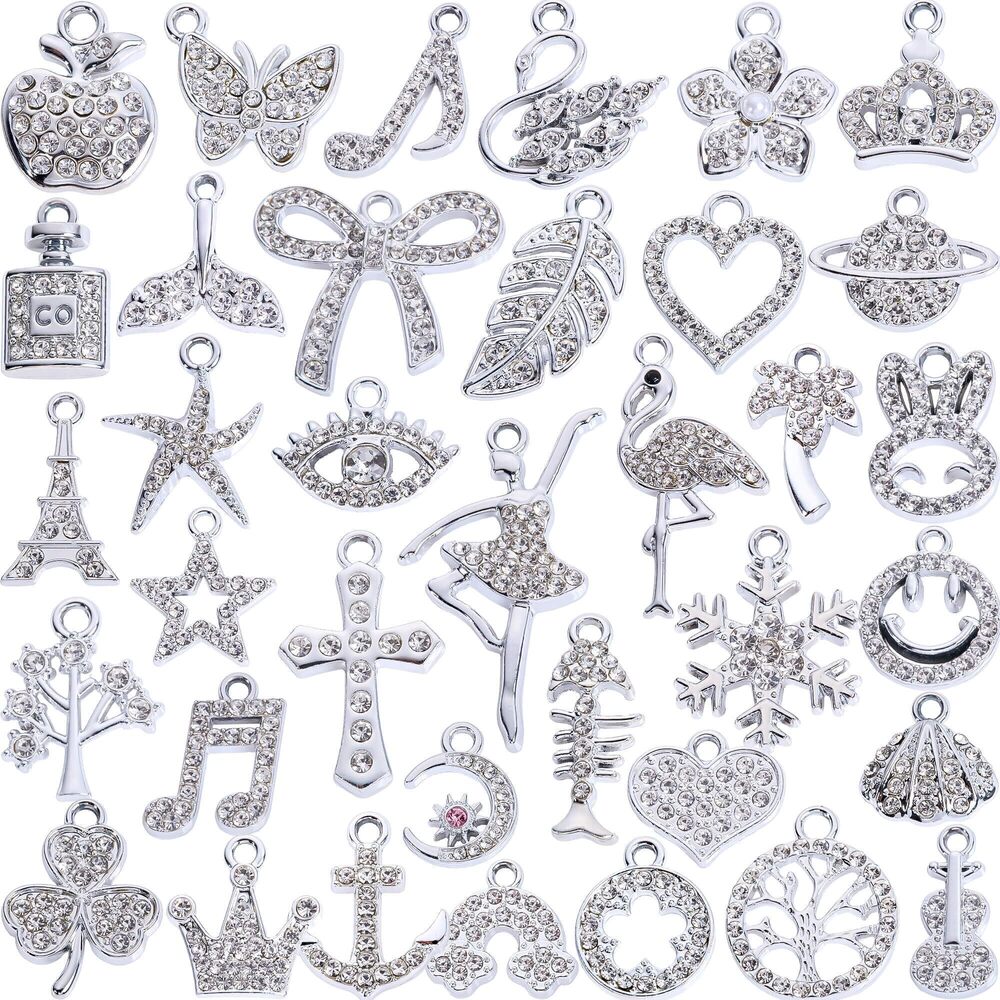 5856 Silver-Tone Rhinestone Charms Set for DIY Jewelry Making - 36 PCS
